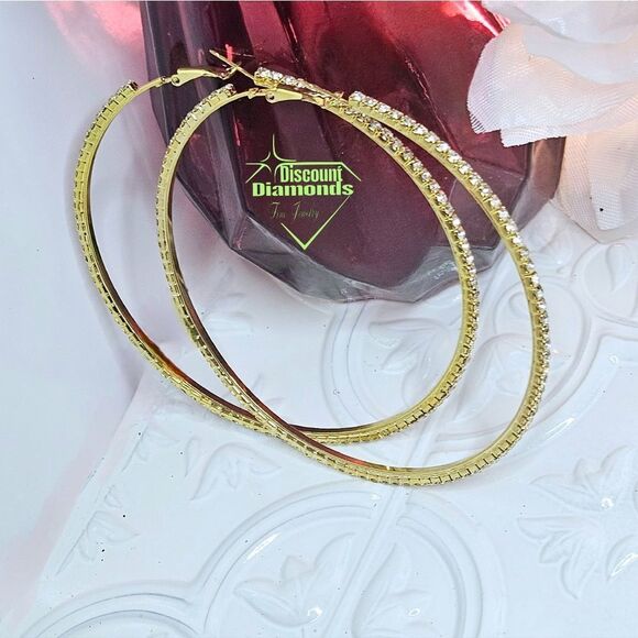 White Baguette Diamond 14K Gold Hoop Earrings 925 Silver - Picture 11 of 14